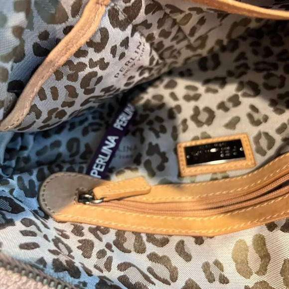 Perlina Womens Brown Leather Shoulder Handbag Zip Pockets Striped Side Design - Picture 10 of 14